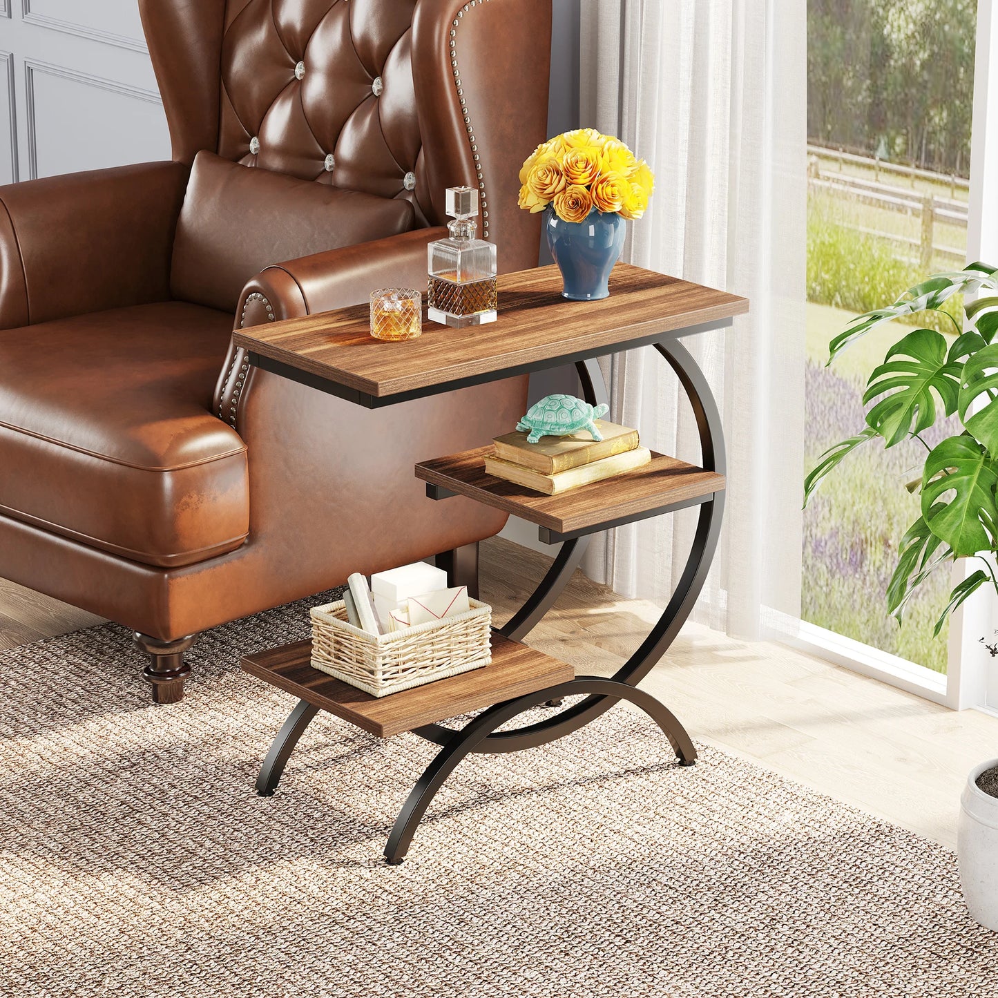 Tribesigns C Shaped End Table With Storage Shelves Industrial Style