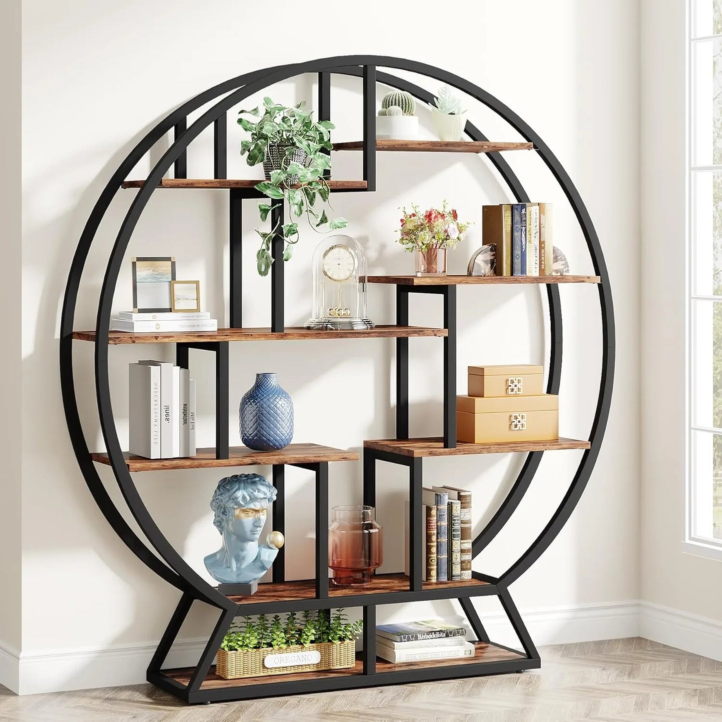 LITTLE TREE Industrial 5 Tier Round Bookcase Living Room