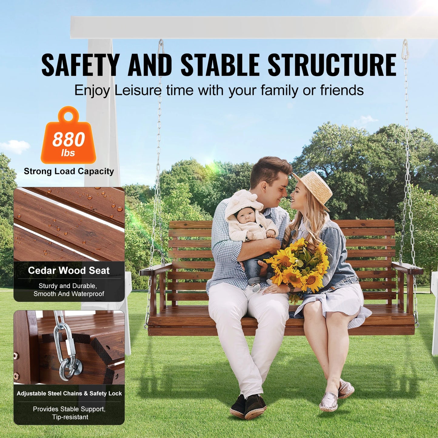 SucceBuy Cedar Wood Porch Swing With Steel Chains For Outdoors
