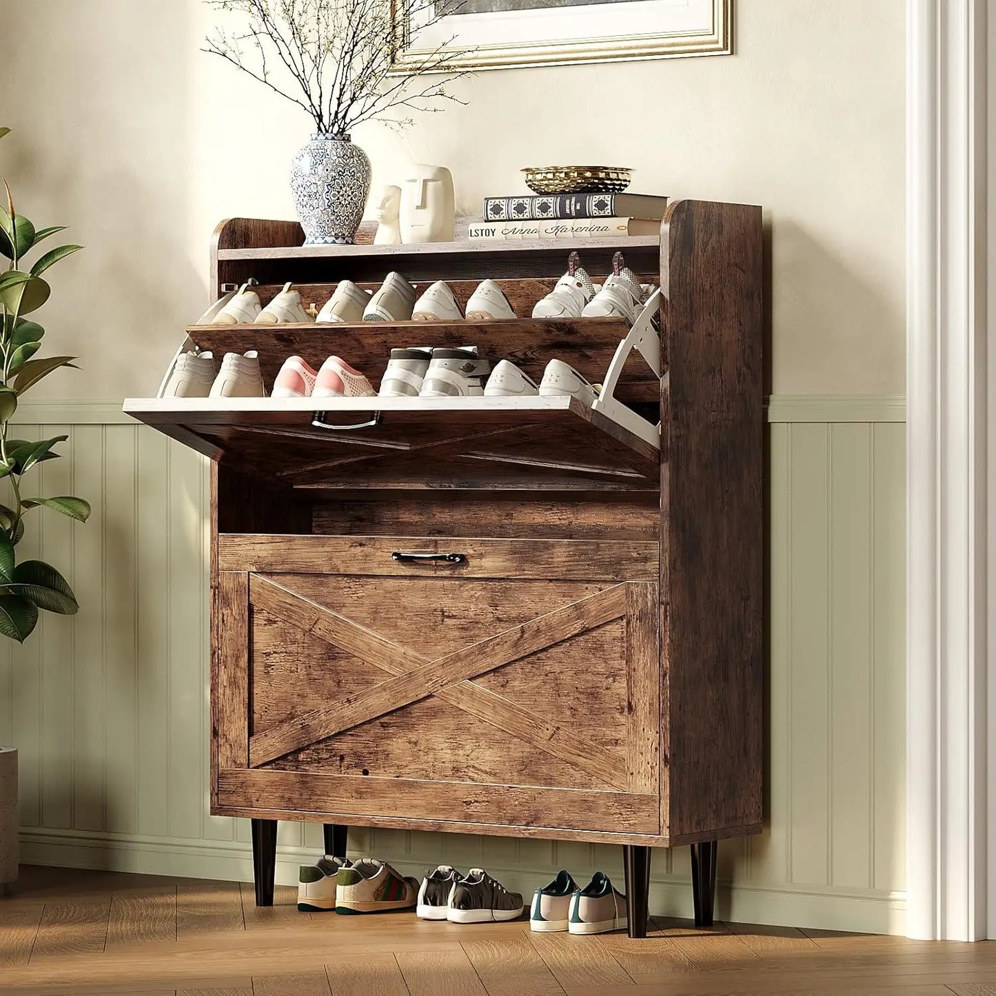 Ultra Slim Entryway Shoe Cabinet With Flip Drawers And Drop Down