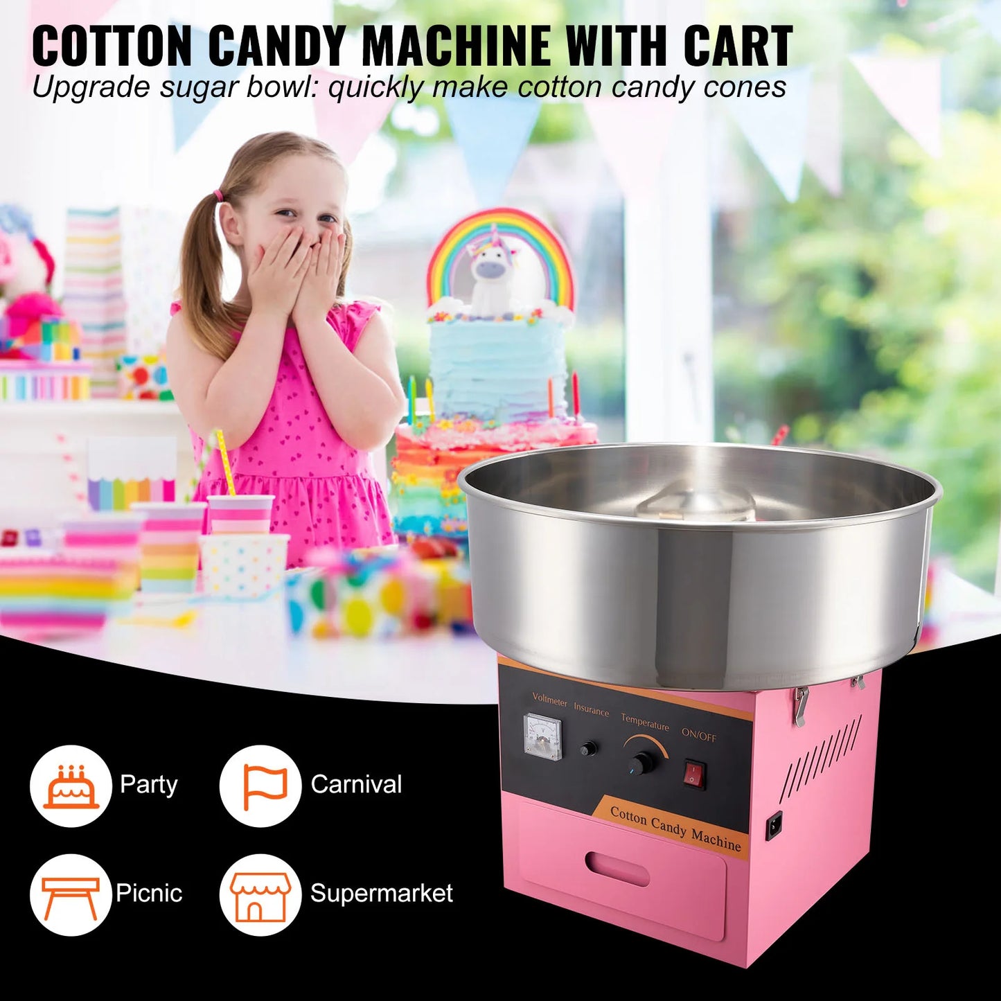 SucceBuy Electric Cotton Candy Machine Commercial Floss Maker Stainless Steel Bowl 2oz Capacity for Birthday Parties