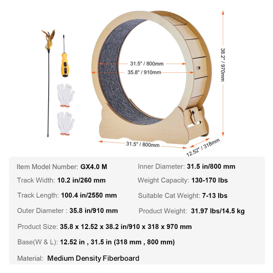 Wooden Cat Exercise Wheel For Indoor Cats Durable Large Treadmill Wheel With Detachable Carpet And Cat Teaser