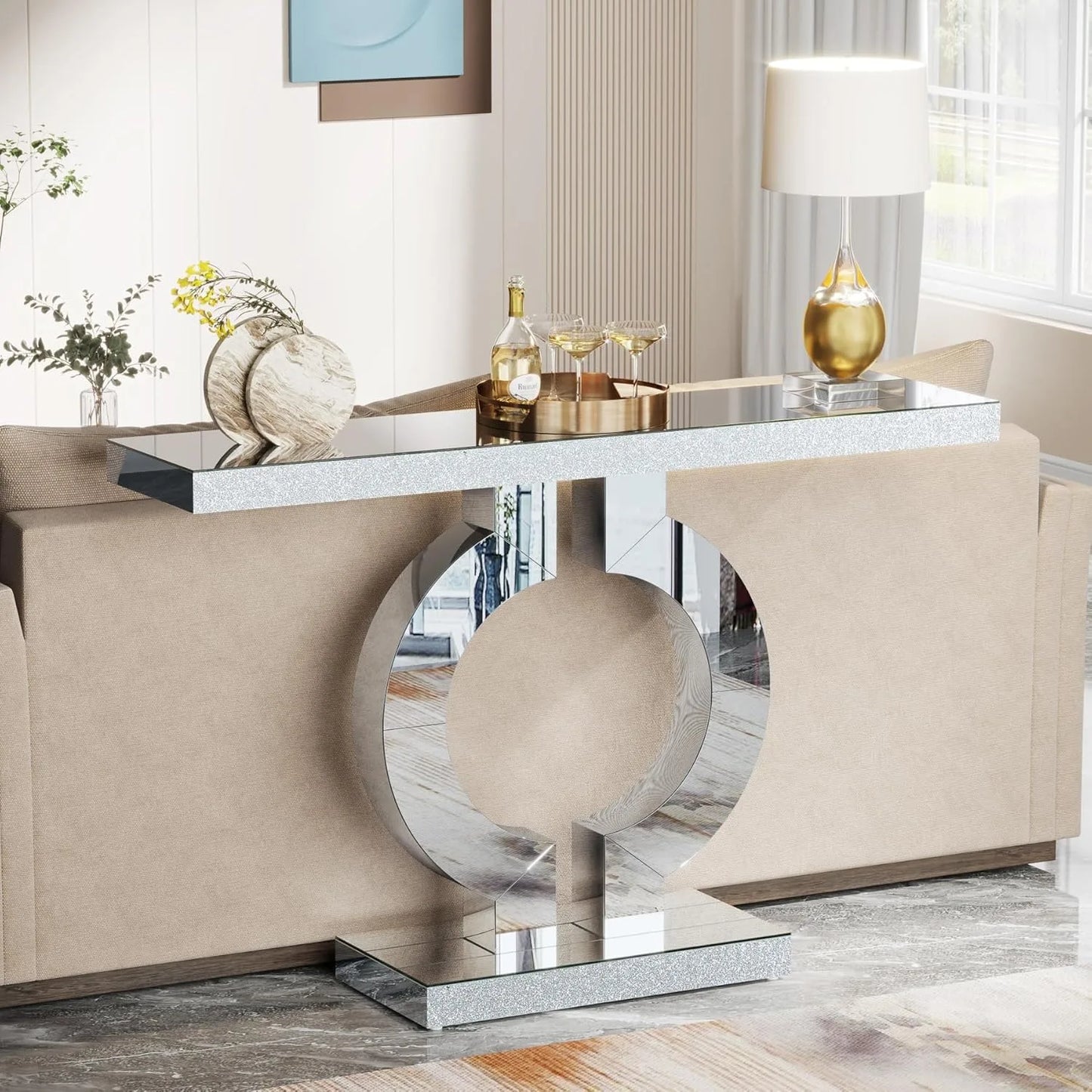 Little Tree Mirrored Console Table With O-Shaped Base