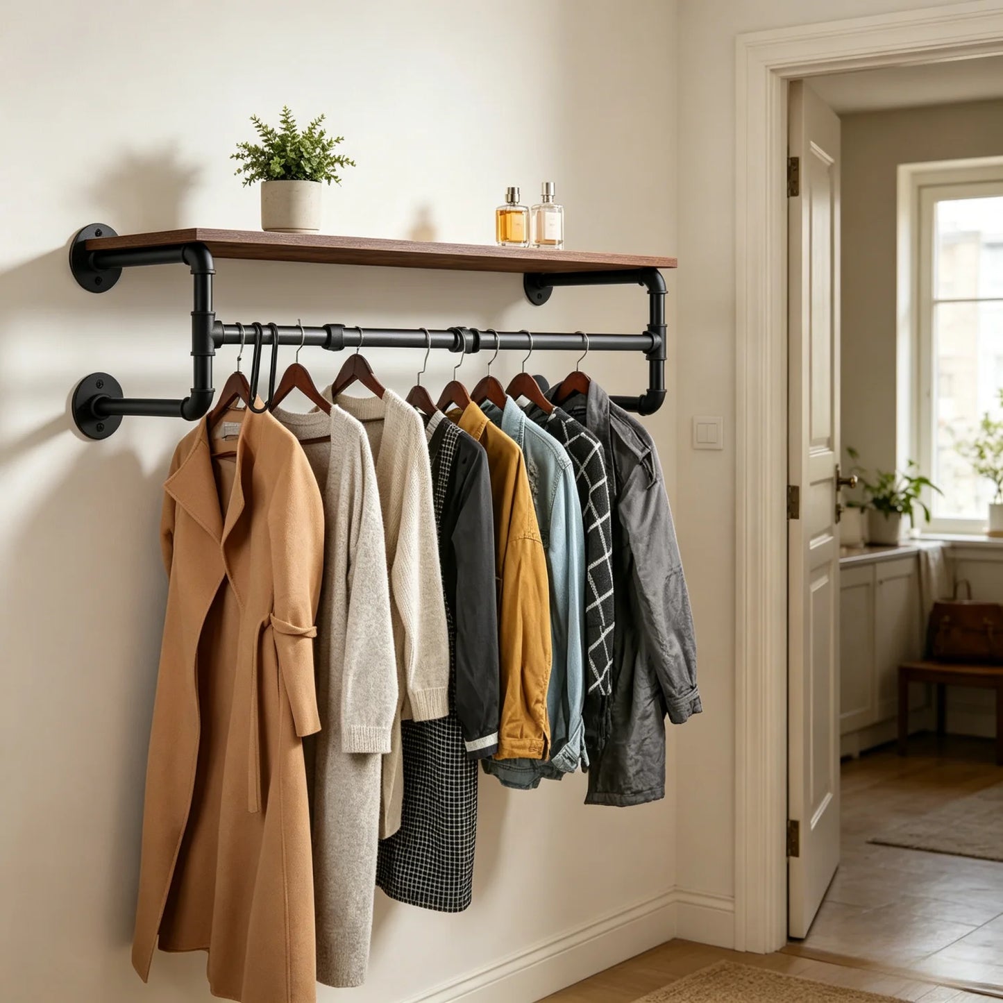 Metal Pipe Wall Mounted Clothes Rack With Wood Shelf