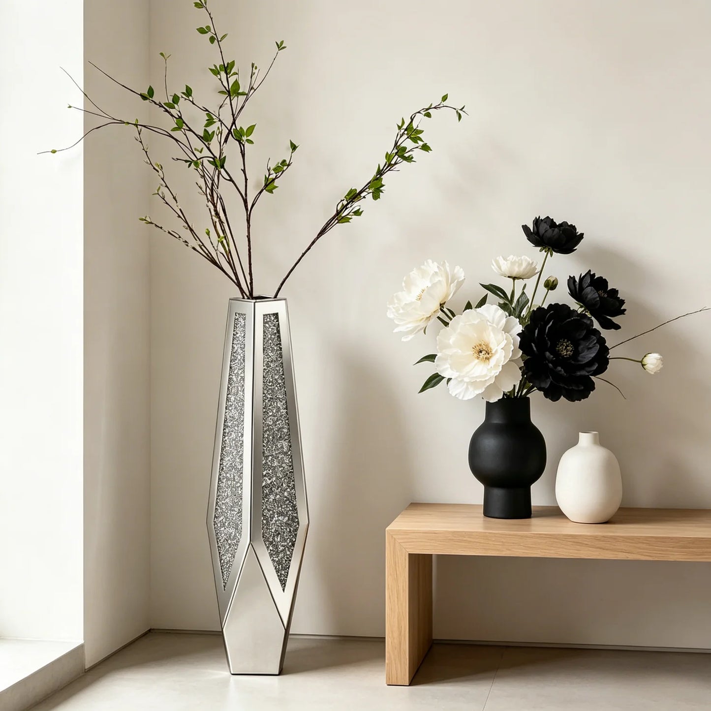 Crushed Diamond Mirrored Floor Vase Silver Glass Modern Decor