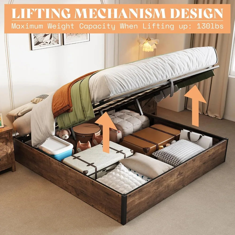 Lift Up Storage Bed Frame With Solid Wood Slats Platform