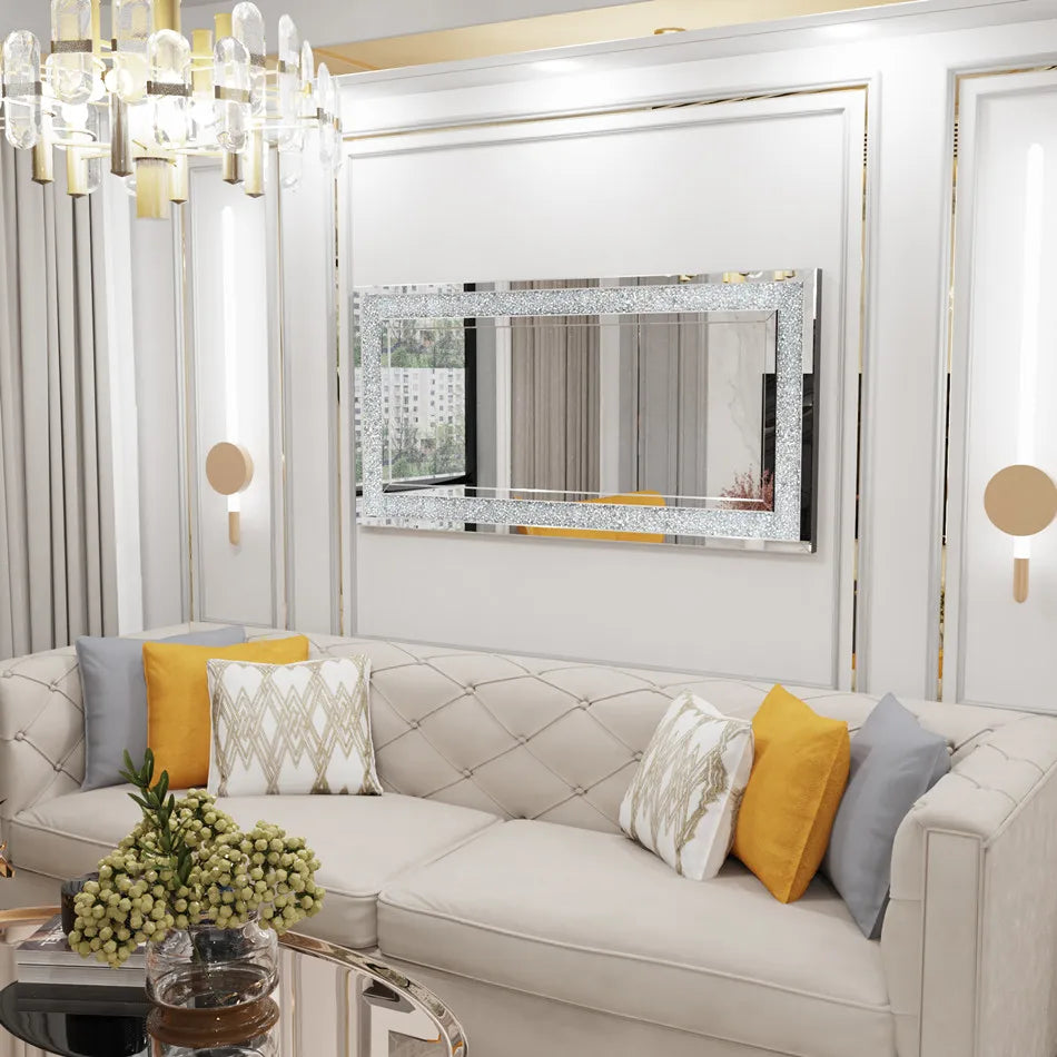 LUVODI Frameless Vanity Mirror With Sparkling Crystal Rhinestones Large Wall Mounted For Home And Hotel Decor