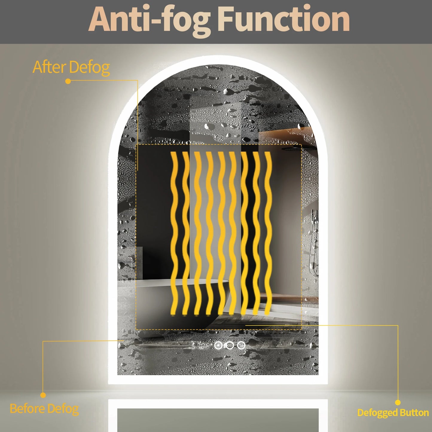 Arch Shape LED Bathroom Mirror Backlit Frameless Antifog Temperature Display