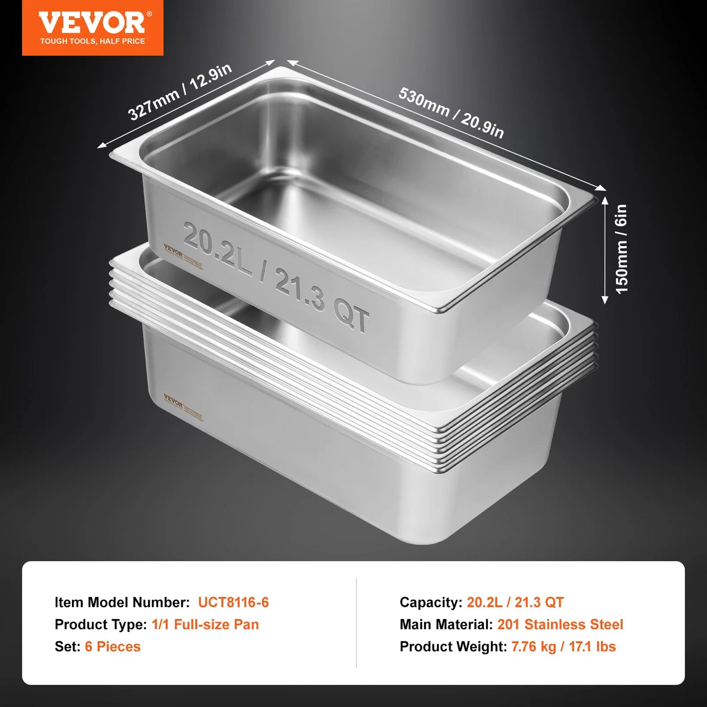SucceBuy 6Pack Buffet Chafing Dishes Deep 2.5 to 6 Inch Stainless Steel Steam Table Pans for Caterers and Restaurants