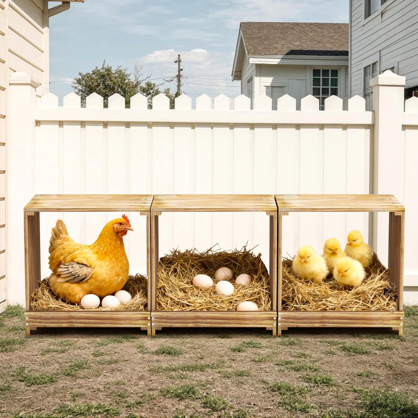 BINGOPAW Three-Compartment Pine Wood Chicken Nesting Box