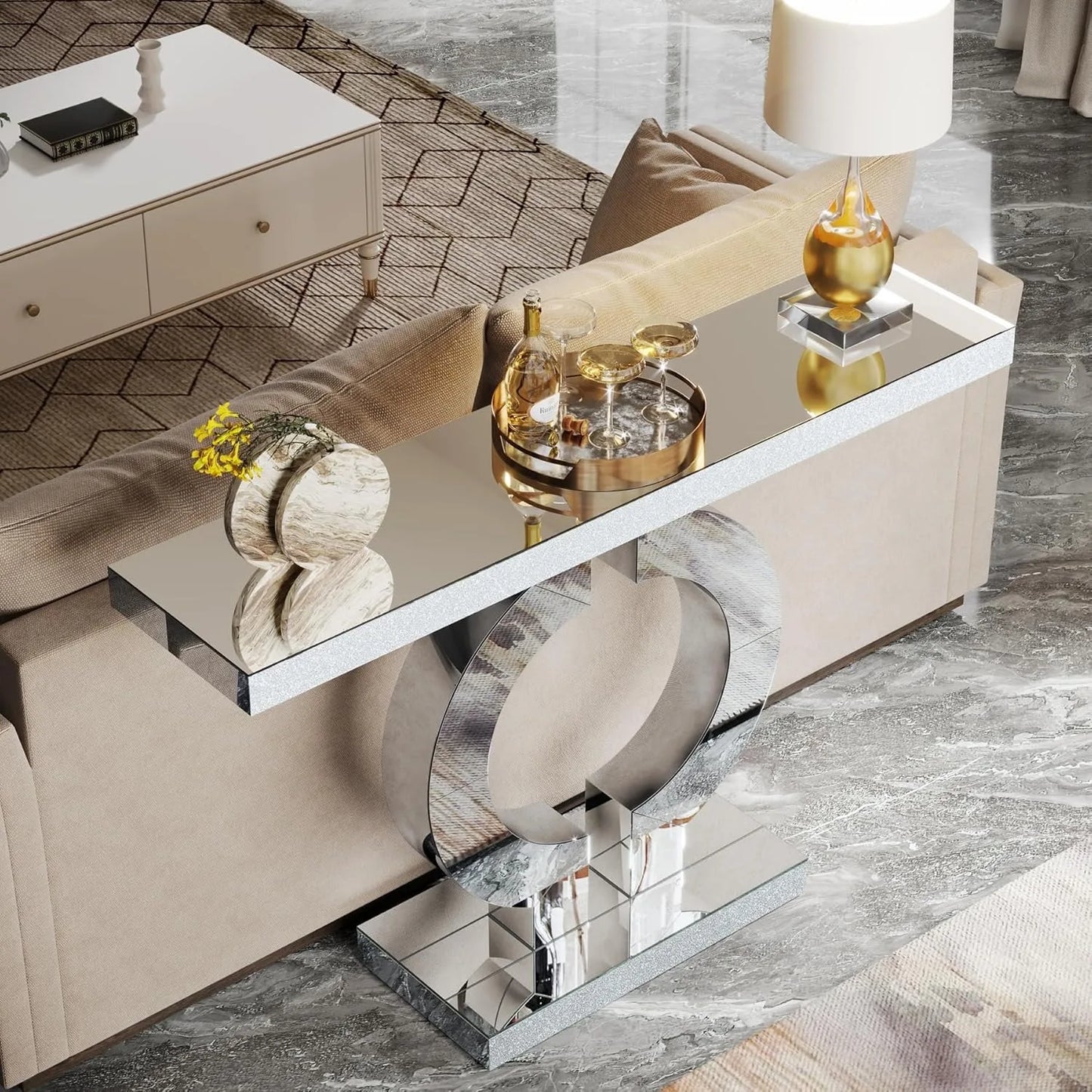 Little Tree Mirrored Console Table With O-Shaped Base