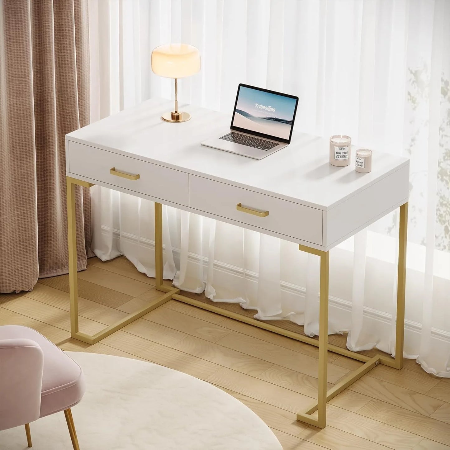 LITTLE TREE White And Gold Vanity Desk With 2 Drawers