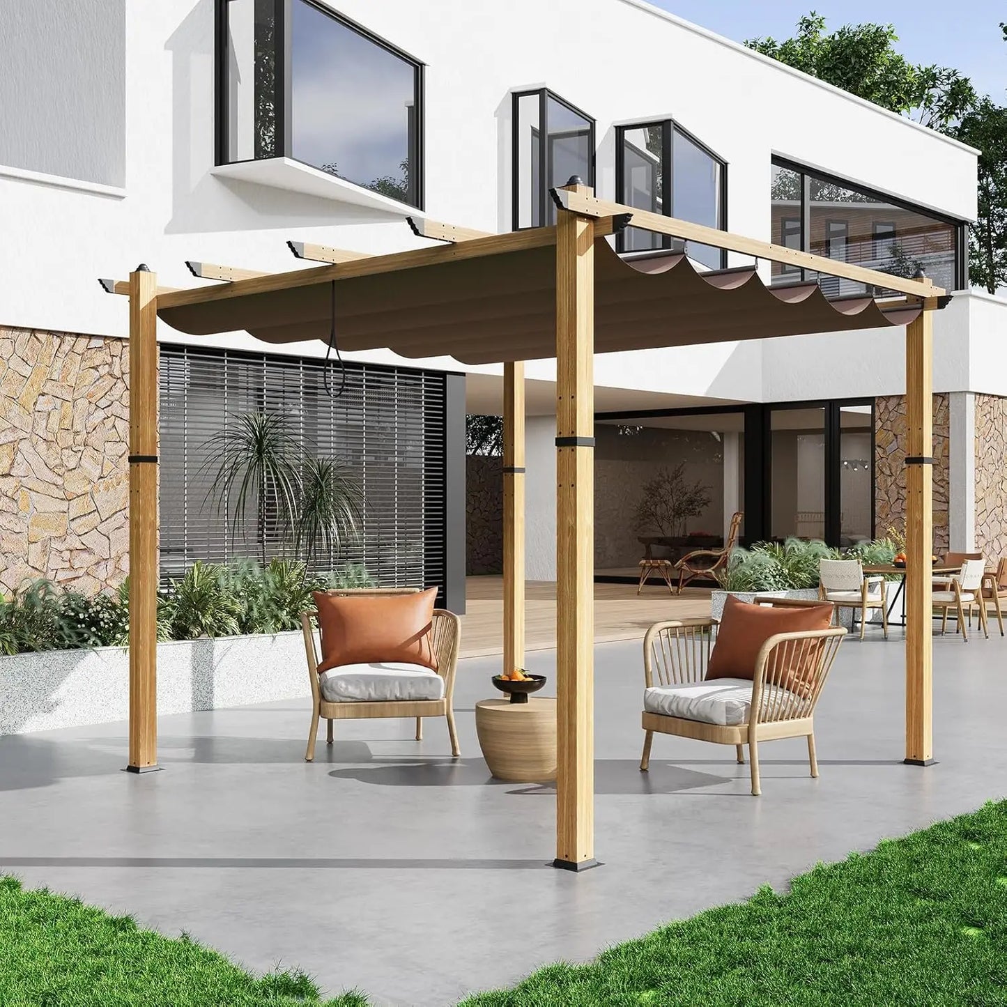 Aluminum Pergola With Retractable Canopy Wood Grain Waterproof UPF50 Patio
