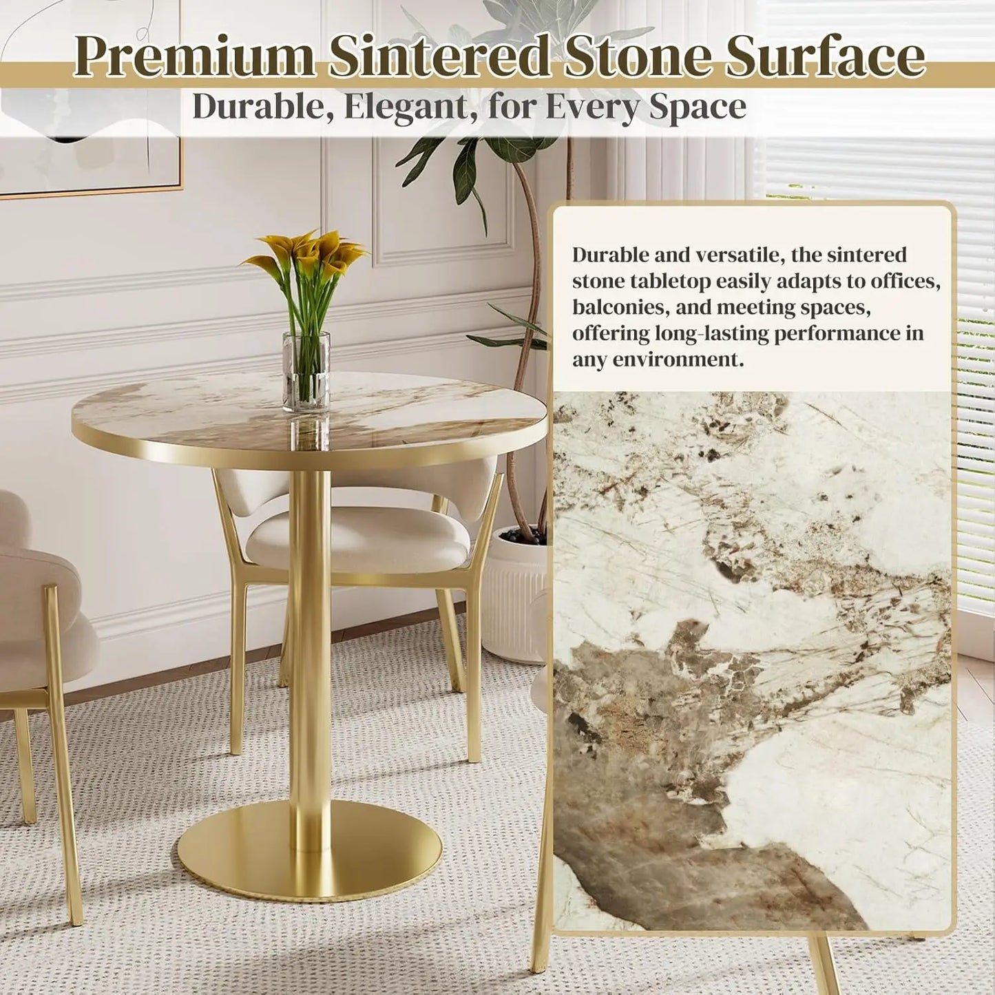 Modern Tulip Kitchen Table With Sintered Stone Top Golden Edge