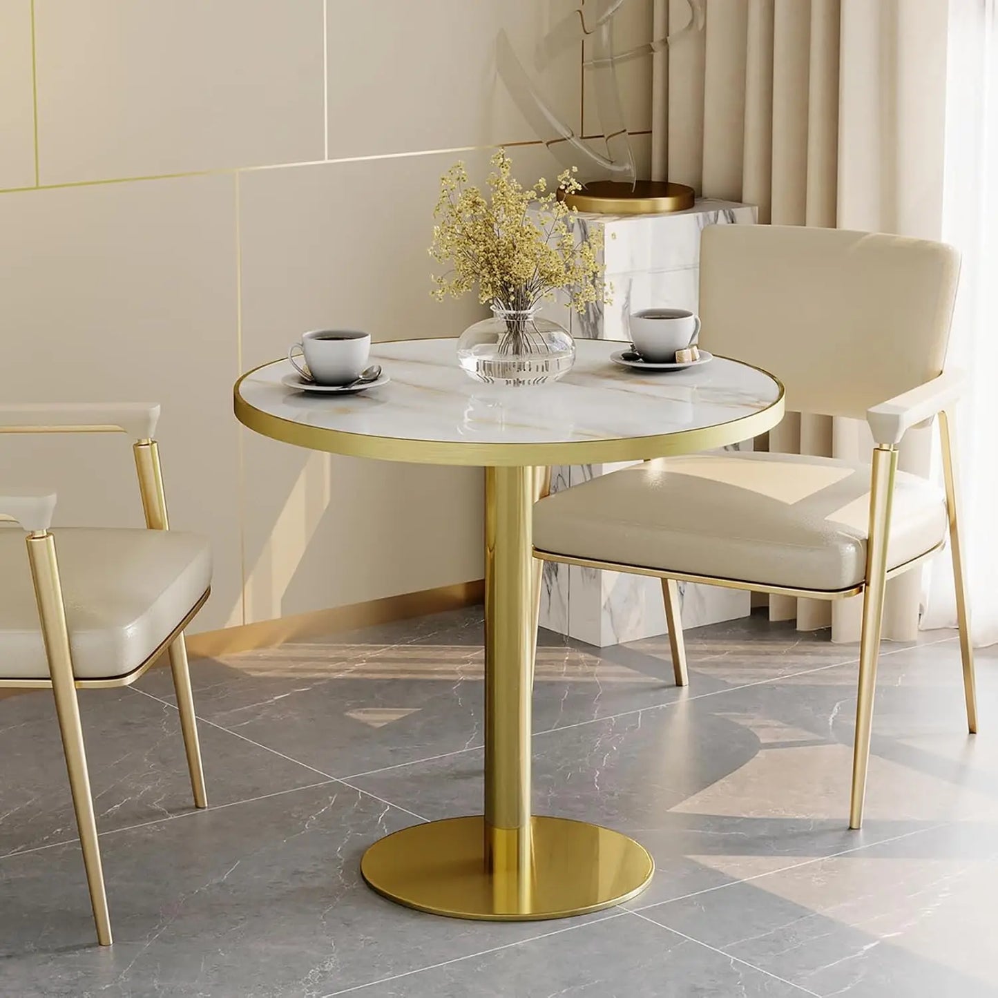 Modern Tulip Kitchen Table With Sintered Stone Top Golden Edge