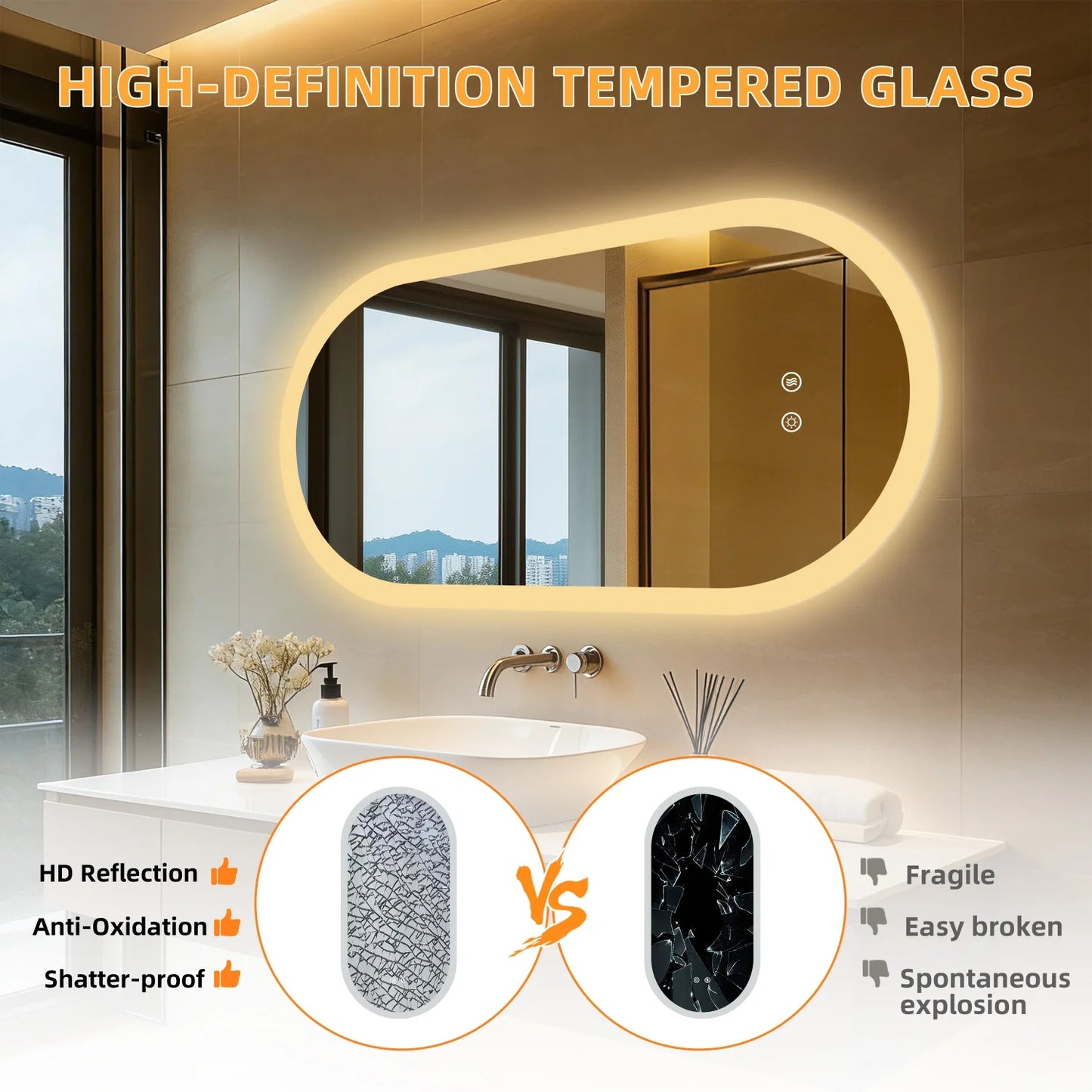 Illuminated Oval Bathroom Mirror With Backlit Tempered Glass Antifog Makeup
