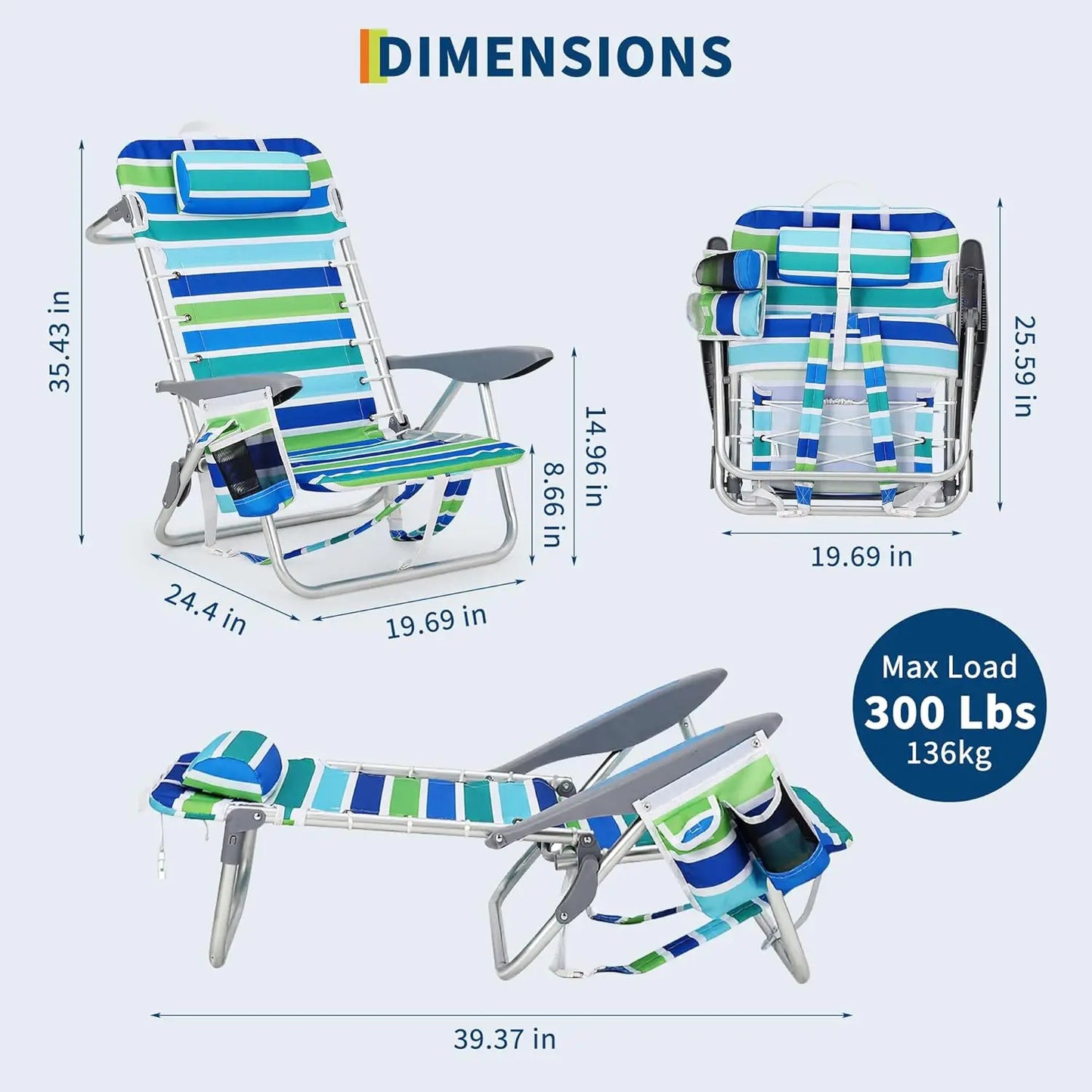 TWISTER.CK Backpack Beach Chair With 5 Reclining Positions Lay Flat Cup Holder Phone Pocket For Adults 300Lbs