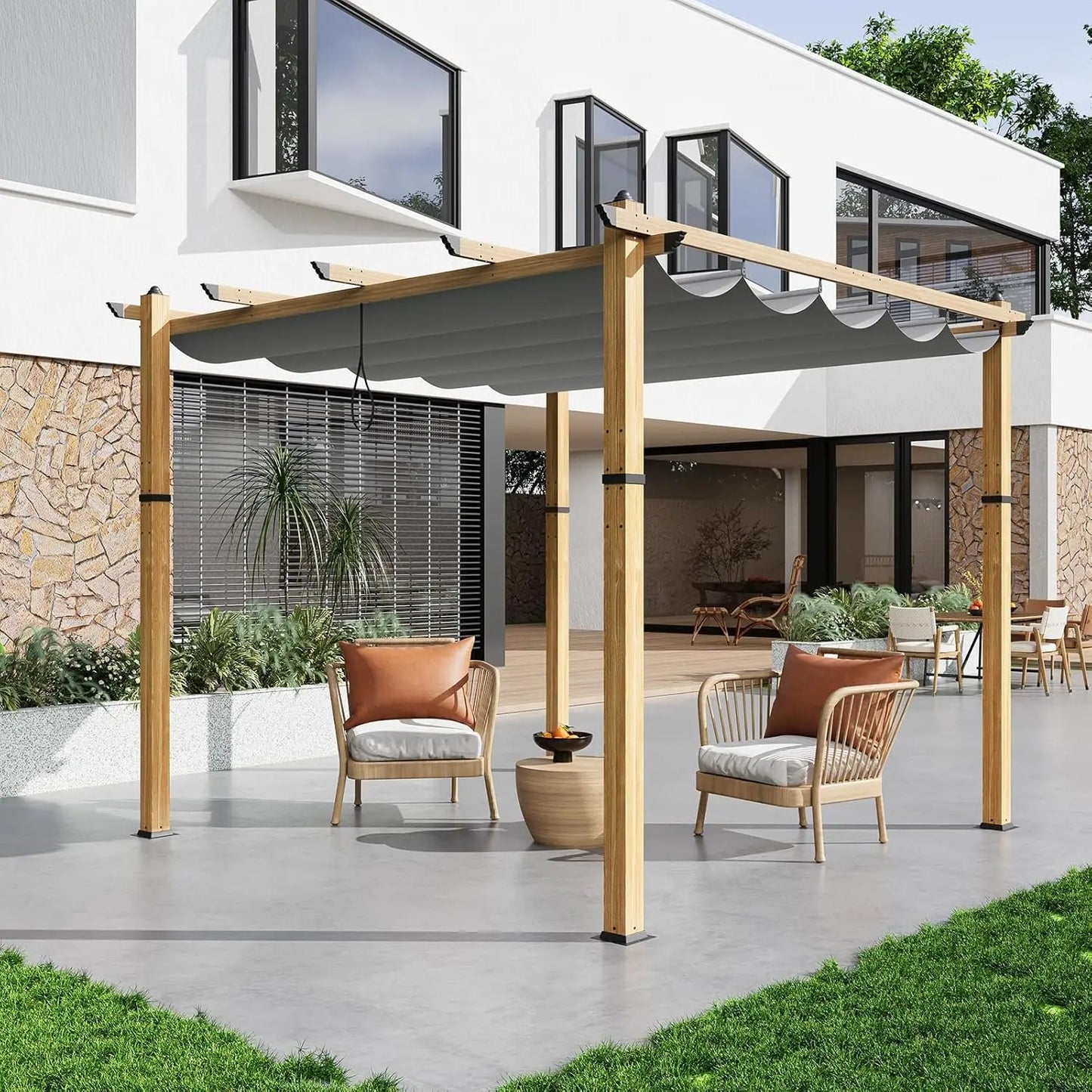 Aluminum Pergola With Retractable Canopy Wood Grain Waterproof UPF50 Patio