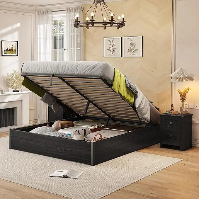 Lift Up Storage Bed Frame With Solid Wood Slats Platform