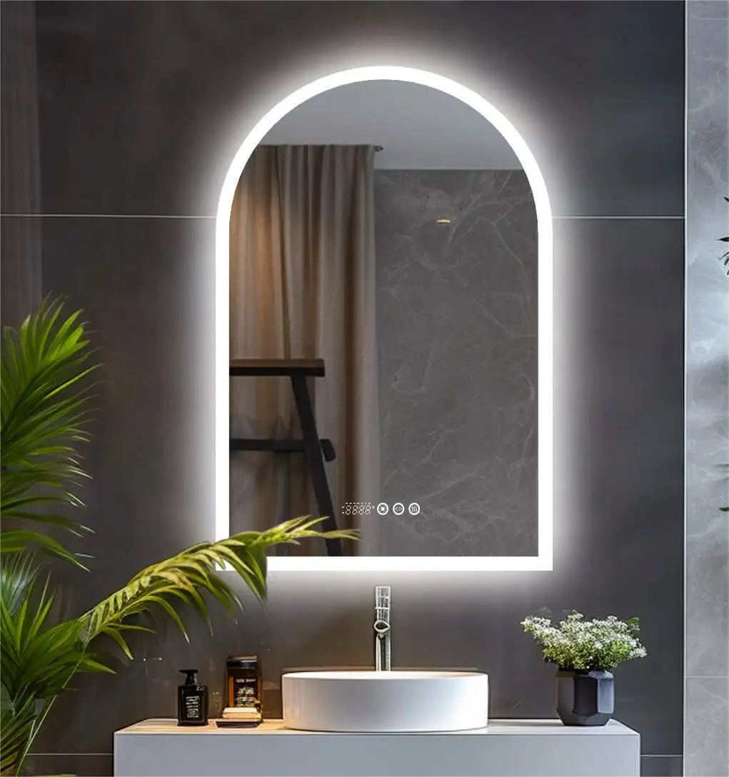 Arch Shape LED Bathroom Mirror Backlit Frameless Antifog Temperature Display