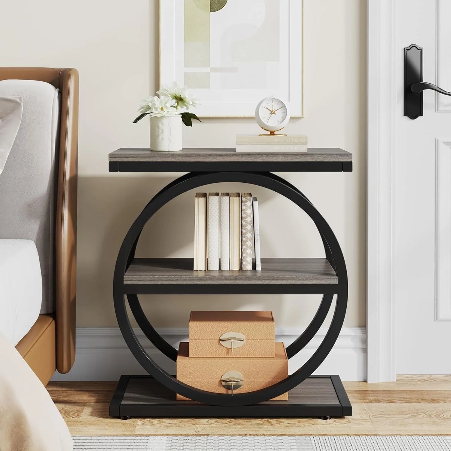 Little Tree End Table With 3 Storage Shelves Industrial Nightstand