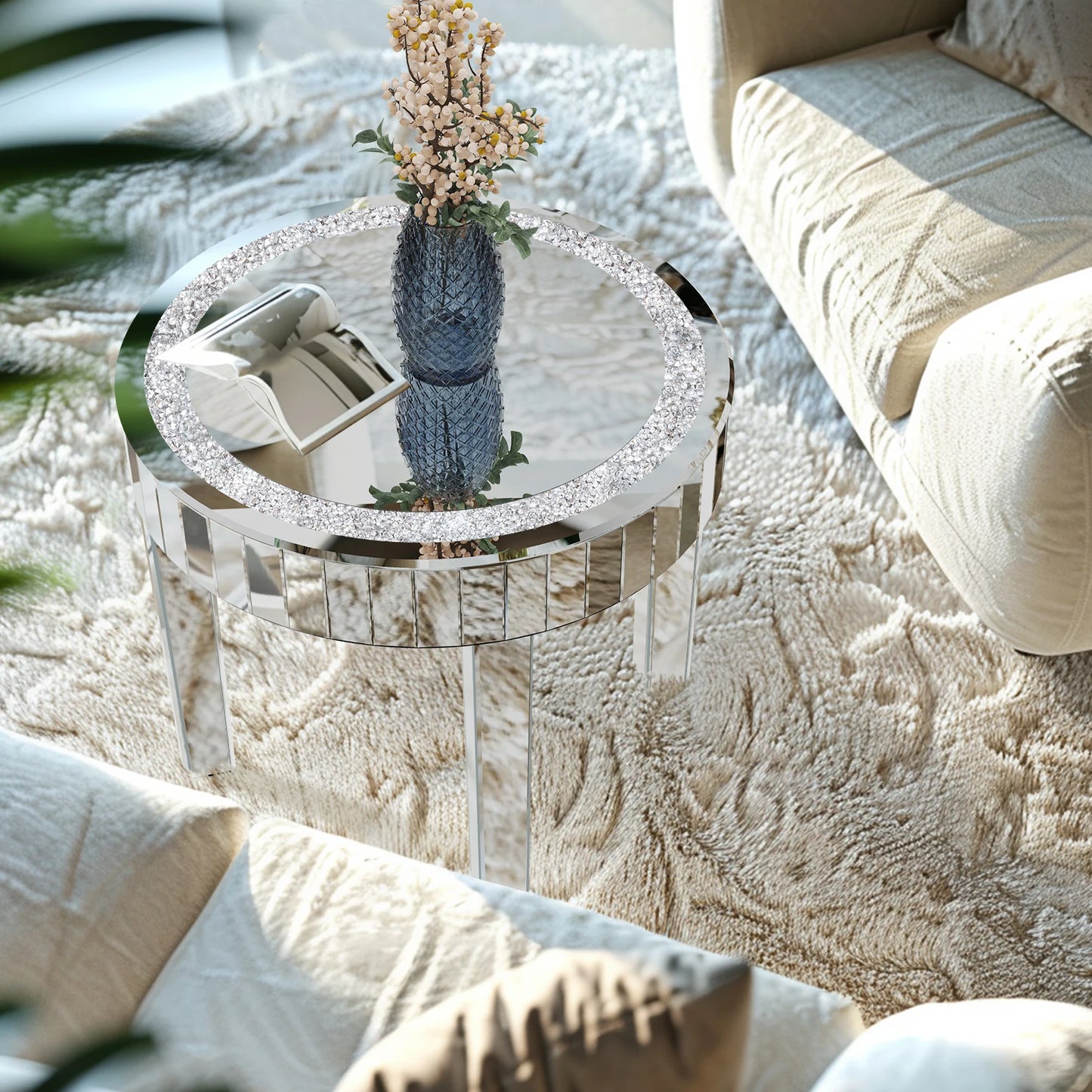 Crushed Crystal Round Mirrored Coffee Table Sparkle Diamond End Table