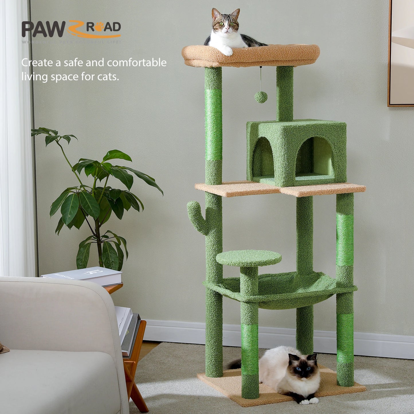 PAWZ Road Pink Multi Level Cat Tree For Indoor Cats With Large Hammock Sisal Scratching Posts Cozy Condo And Top Perch