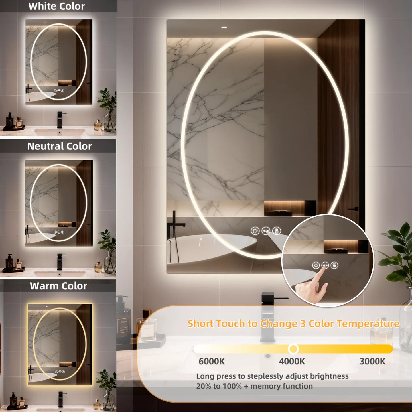 Tempered Glass LED Bathroom Mirror Frontlit Backlit Makeup Vanity