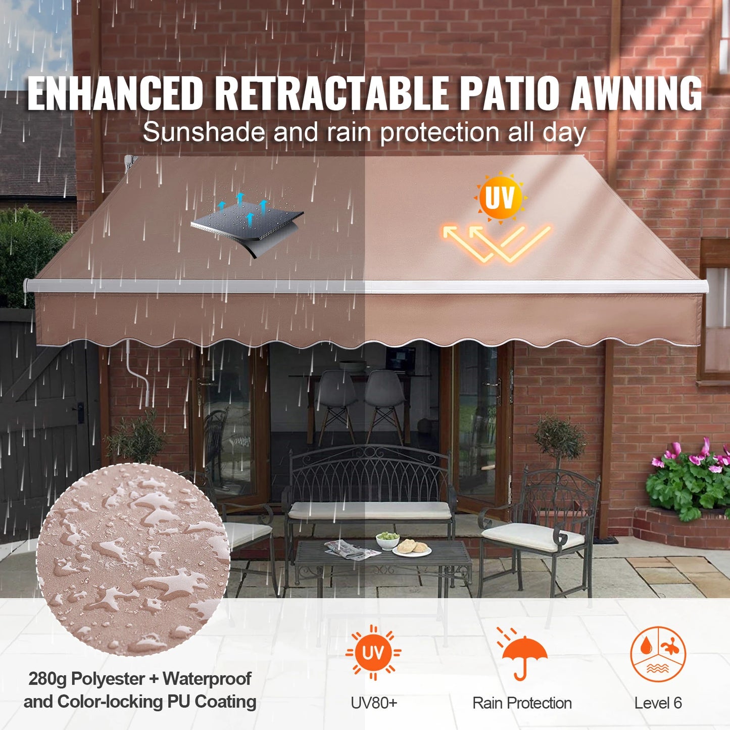 SucceBuy Manual Retractable Awning Outdoor Sun Shade Water Resistant Polyester