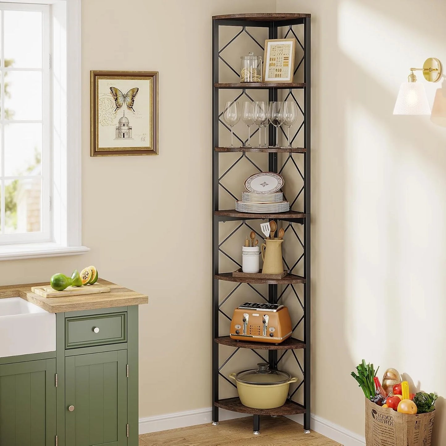 Little Tree 7-Tier Industrial Slim Corner Shelf Living Room Wood Storage Rack
