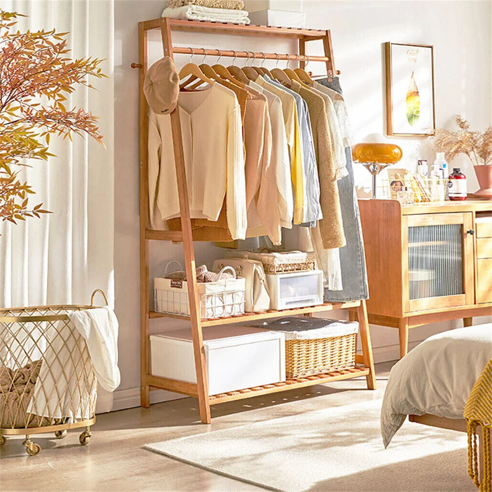 Bamboo Free Standing Garment Coat Rack With 10 Hooks