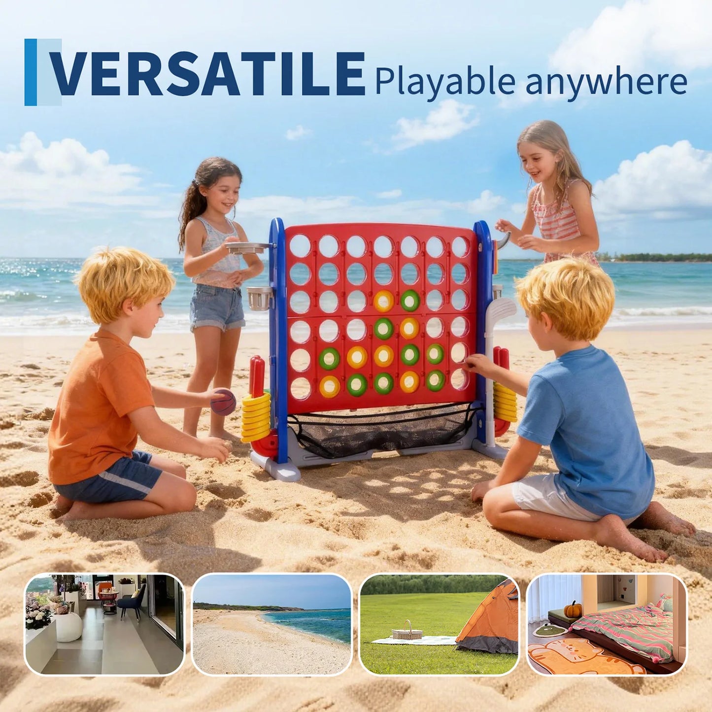 Giant 4 In 1 Outdoor Yard Game Set With Adjustable Height Basketball Hoop Ring Toss Connect Four For Family Fun