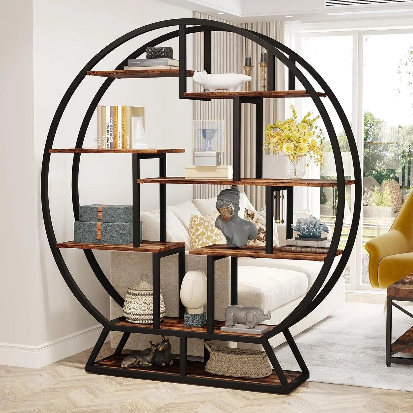 LITTLE TREE Industrial 5 Tier Round Bookcase Living Room