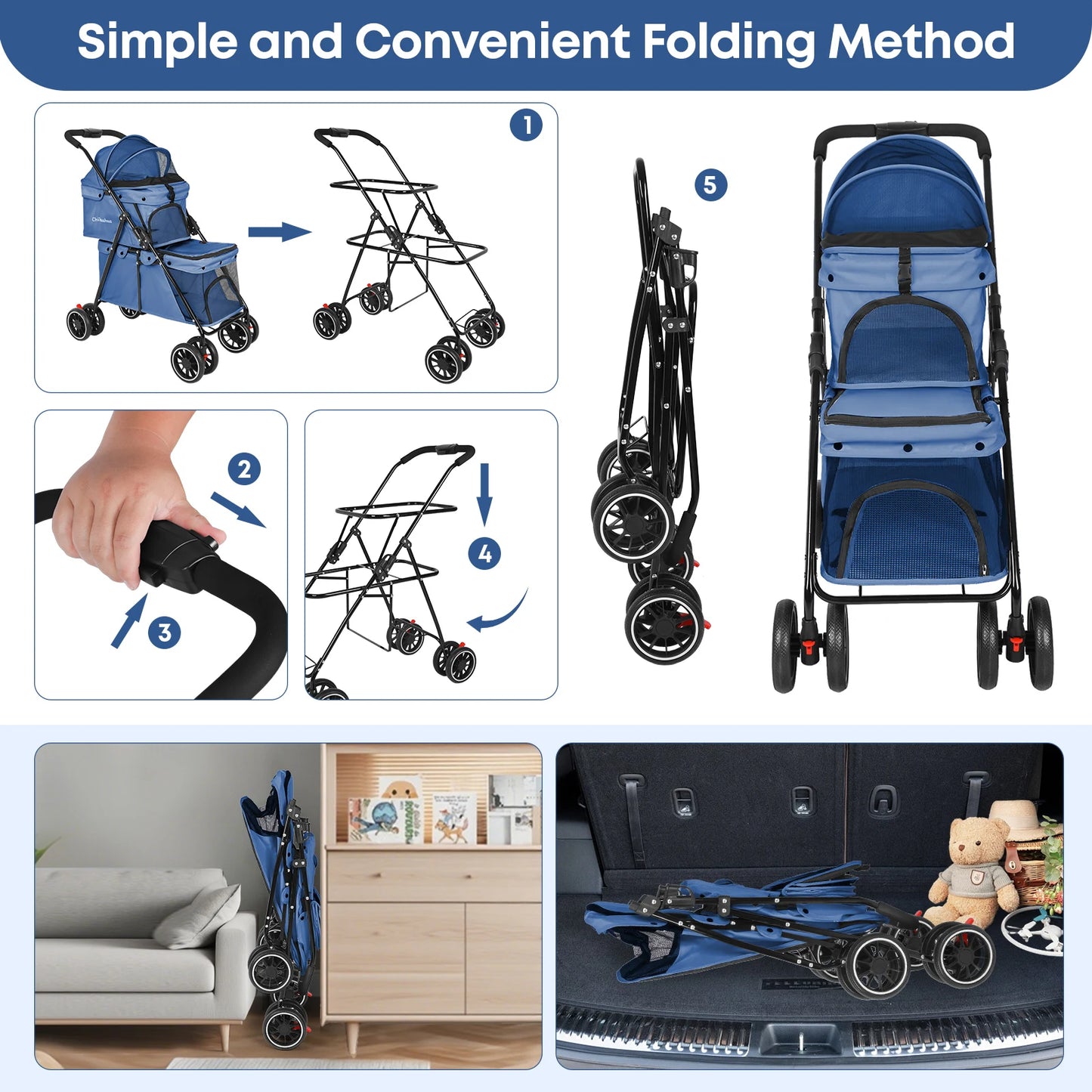 CHIHUAHUA Folding Double Pet Stroller With Detachable Carrier Bags