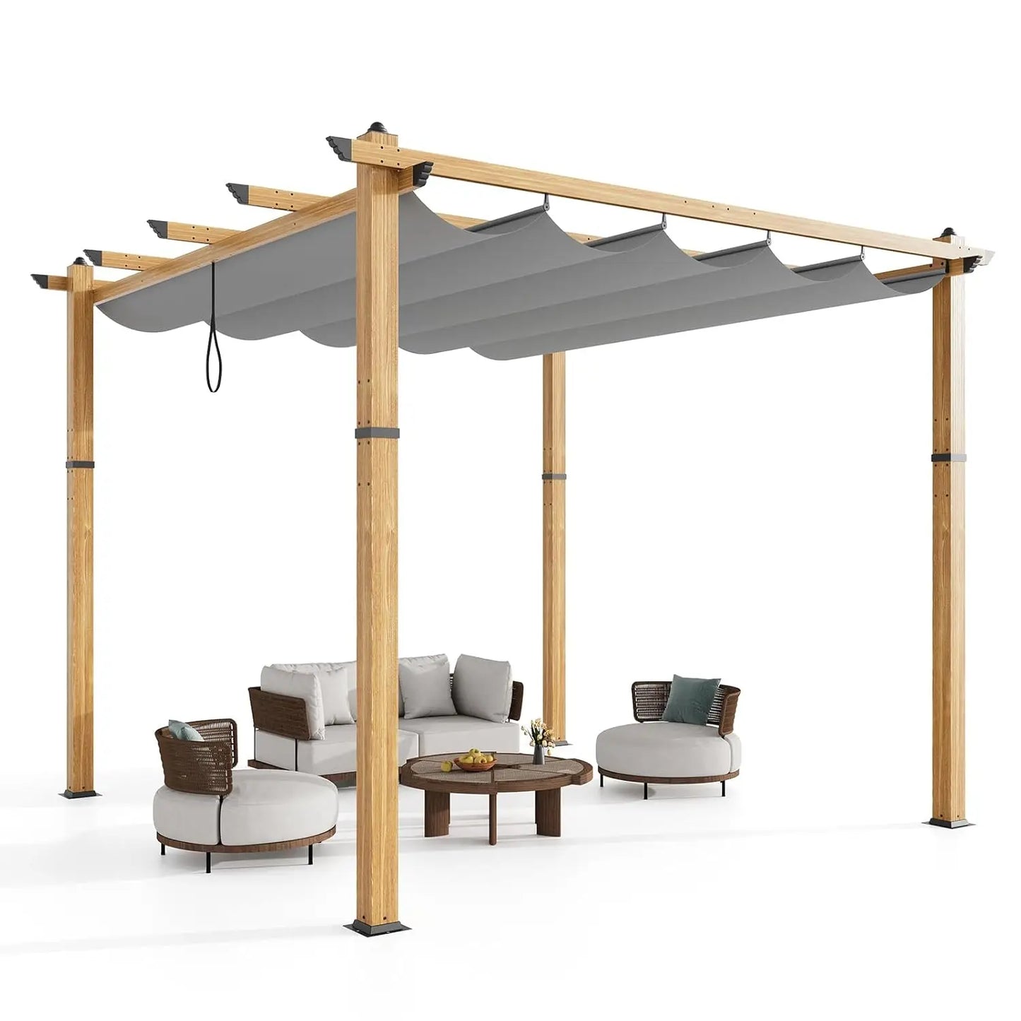 Aluminum Pergola With Retractable Canopy Wood Grain Waterproof UPF50 Patio