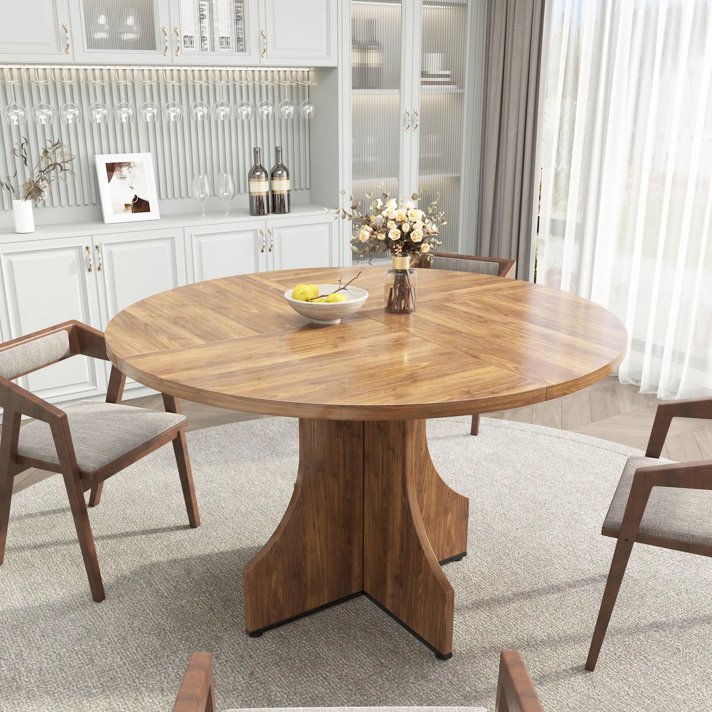 HiMISS Farmhouse Round Wood Dining Table With Storage
