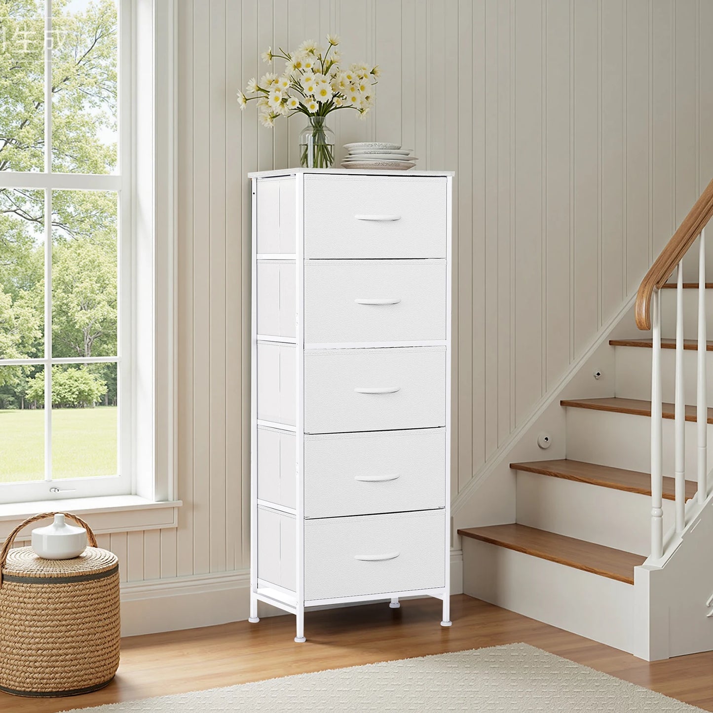 JHK Modern Dresser With 5 Fabric Drawers And Steel Frame