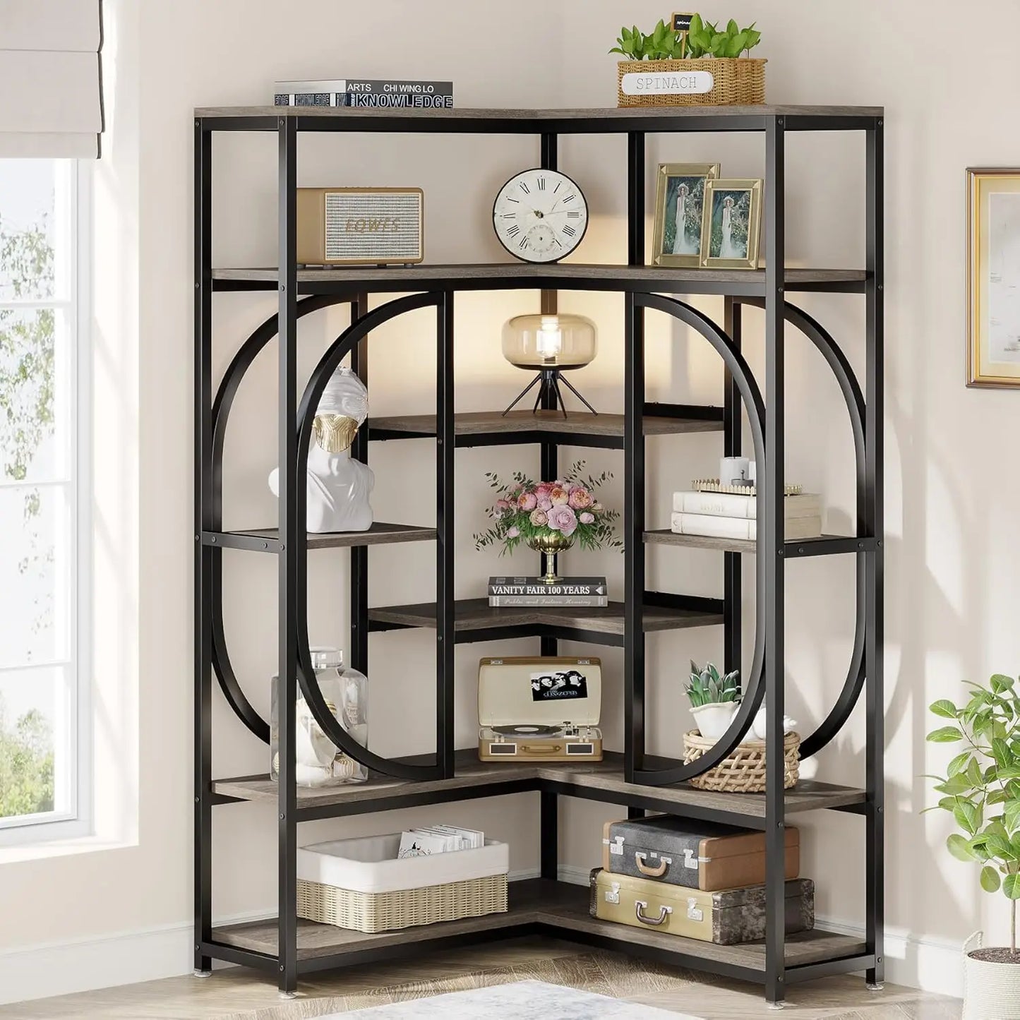 LITTLE TREE 7-Shelf Corner Bookshelf with Metal Frame