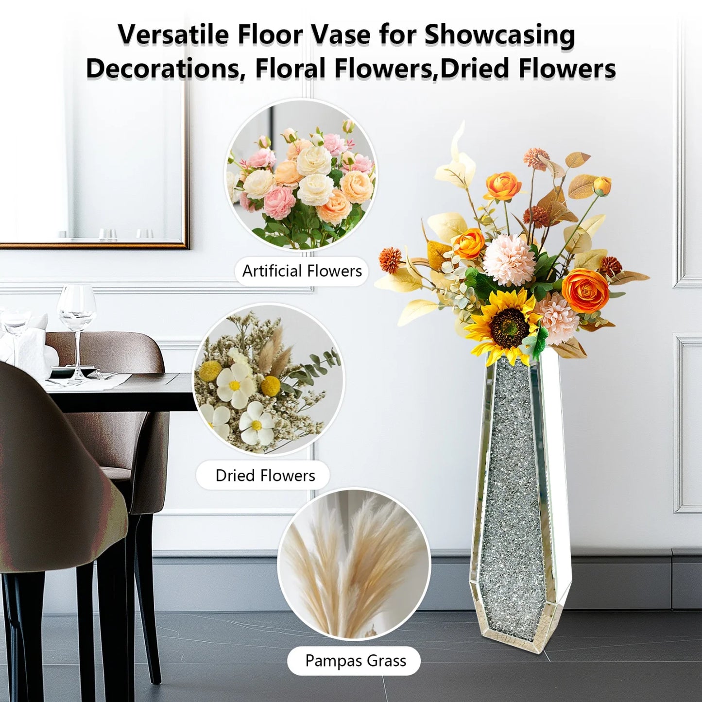 Crushed Diamond Mirrored Floor Vase Silver Glass Modern Decor