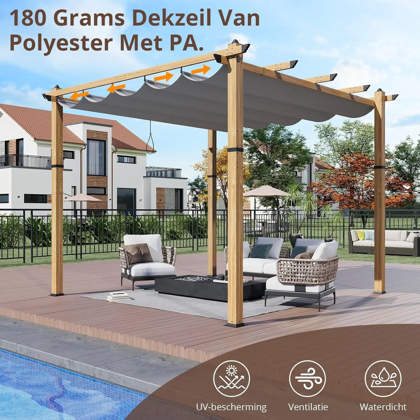 Aluminum Pergola With Retractable Canopy Wood Grain Waterproof UPF50 Patio