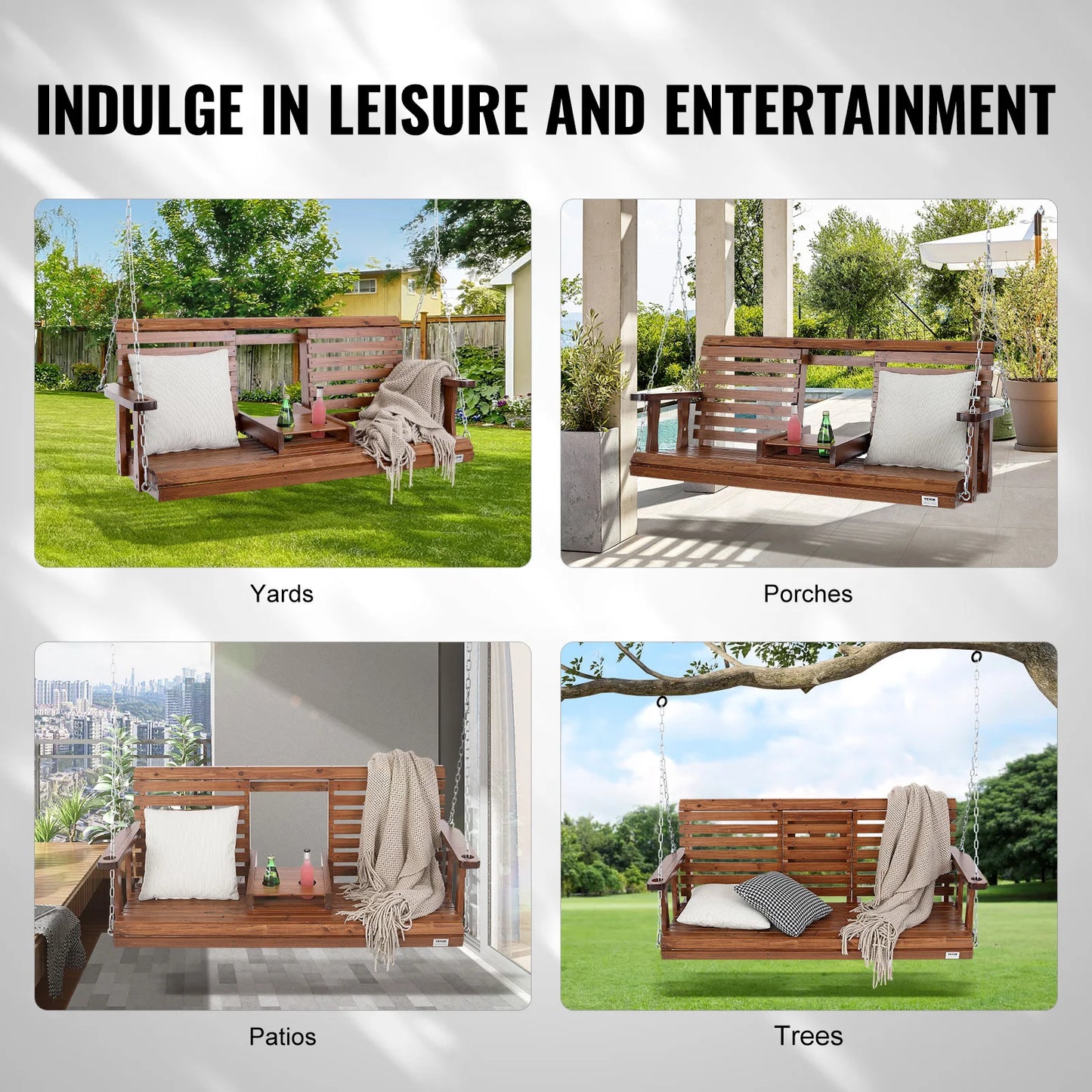 SucceBuy Cedar Wood Porch Swing With Steel Chains For Outdoors