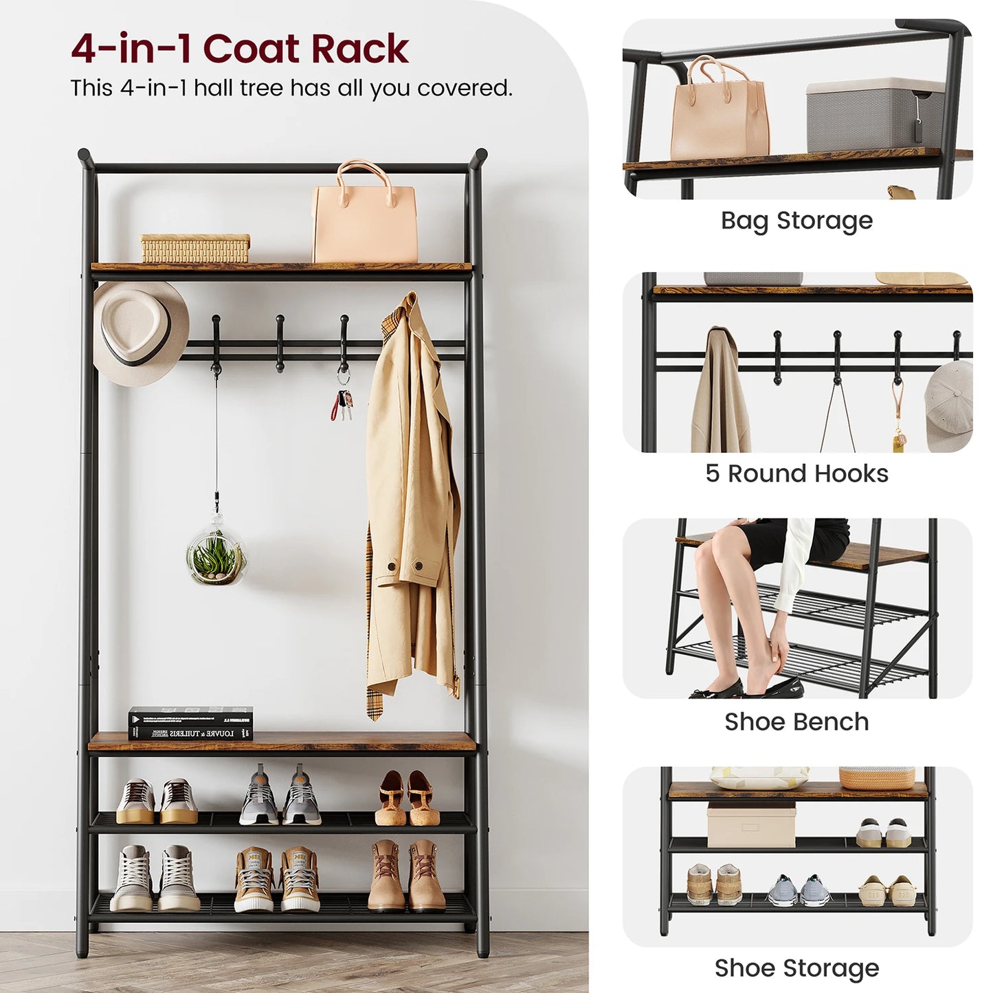 TWISTER.CK Coat Rack Shoe Bench 4-in-1 Hall Tree Entryway