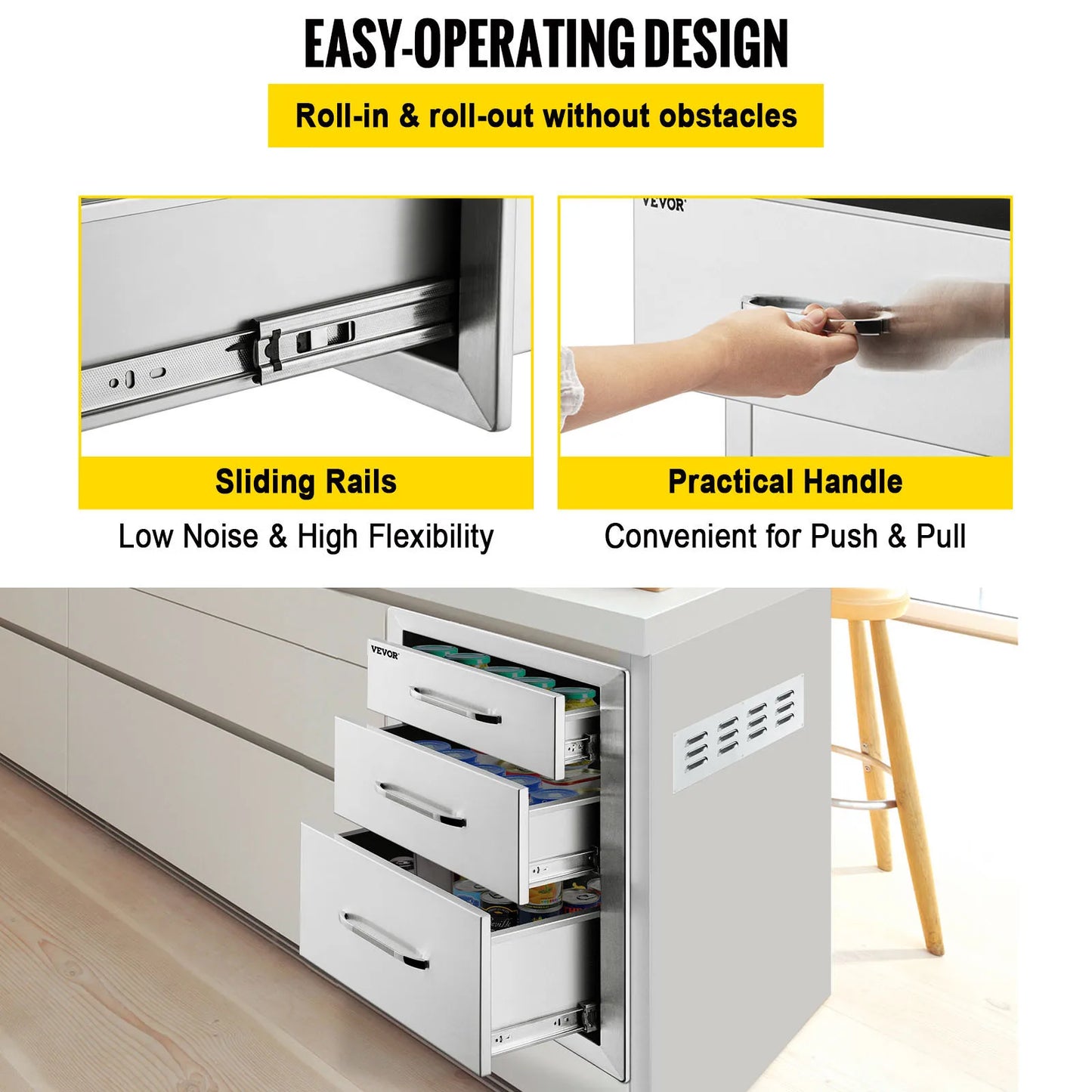 SucceBuy Stainless Steel Outdoor Kitchen Drawer With Handle Triple Layer Storage For BBQ Island