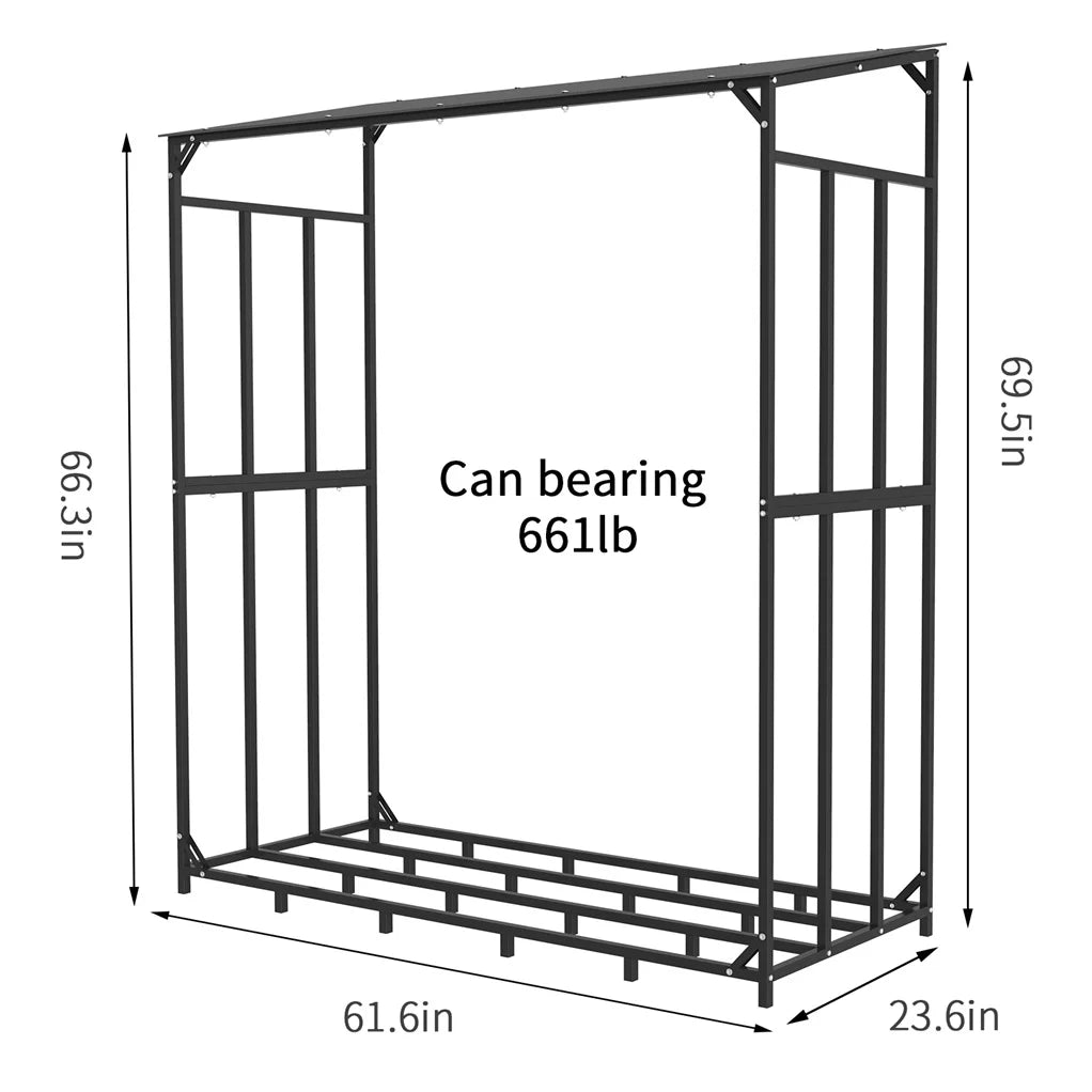 Outdoor Metal Firewood Rack With Waterproof Roof For Garden Storage