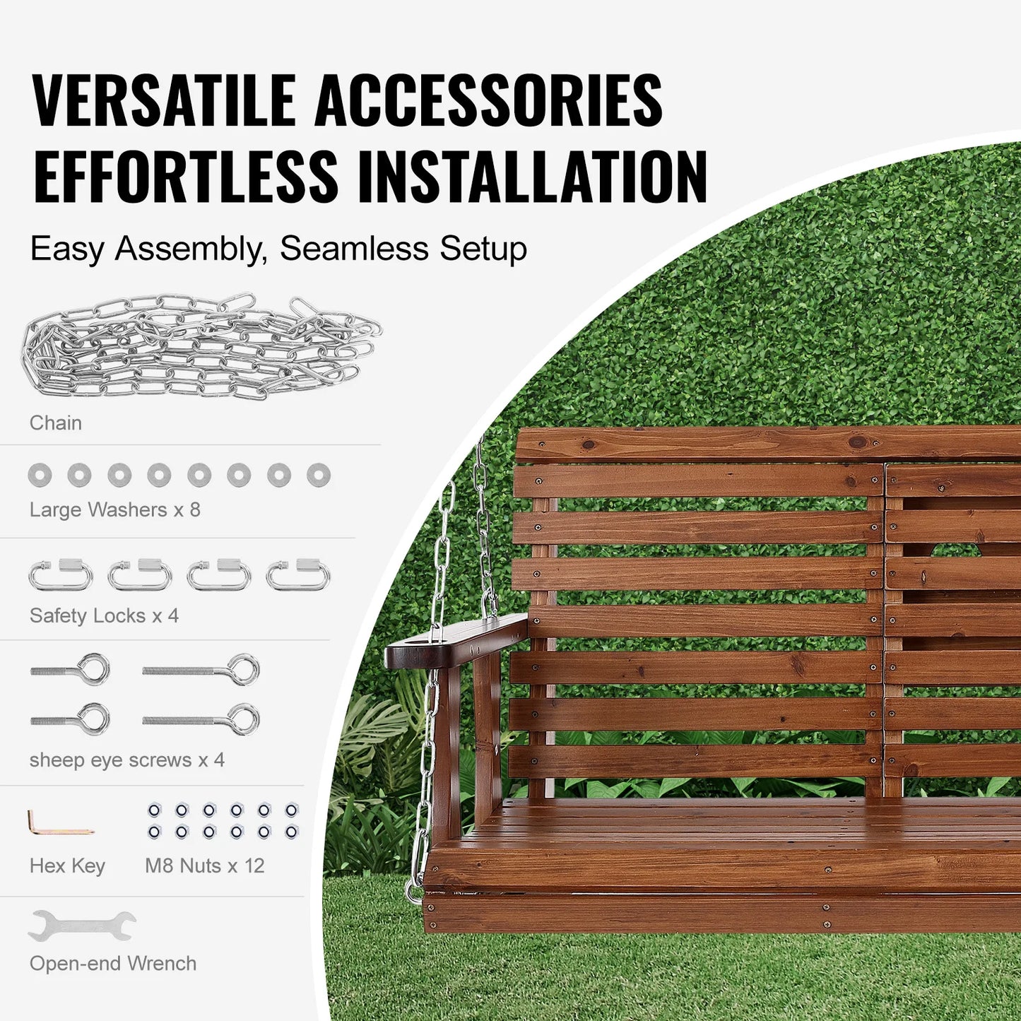 SucceBuy Cedar Wood Porch Swing With Steel Chains For Outdoors