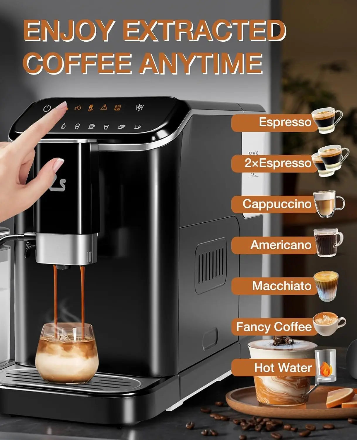Acekool 20Bar Fully Automatic Espresso Machine With BuiltIn Grinder And OneTouch Milk Frother For Home Baristas