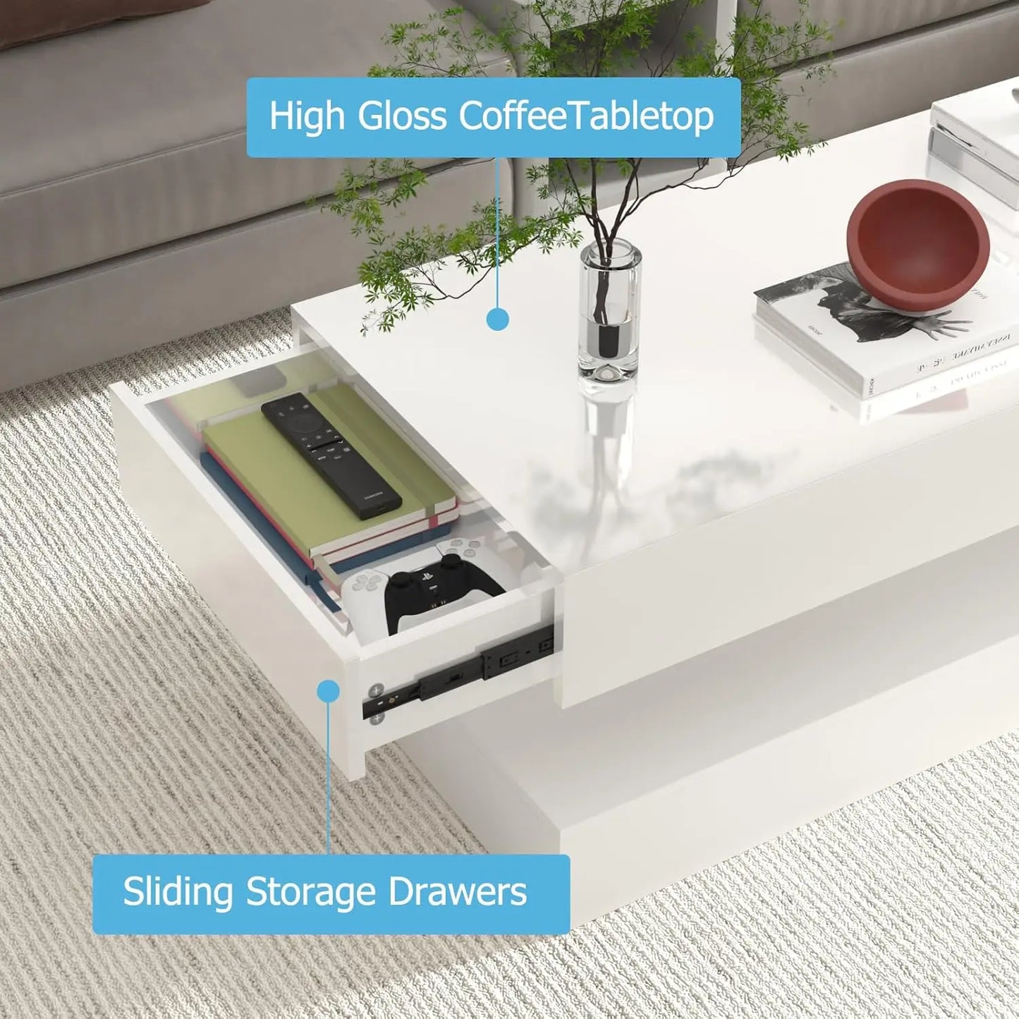 Glossy LED Coffee Table With 2 Drawers Modern Living Room