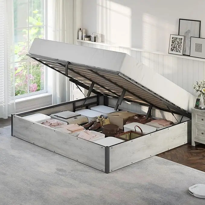 Lift Up Storage Bed Frame With Solid Wood Slats Platform