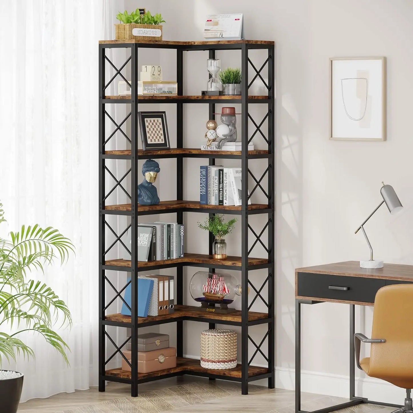Little Tree 7 Tier Corner Bookcase With Open Metal Frame