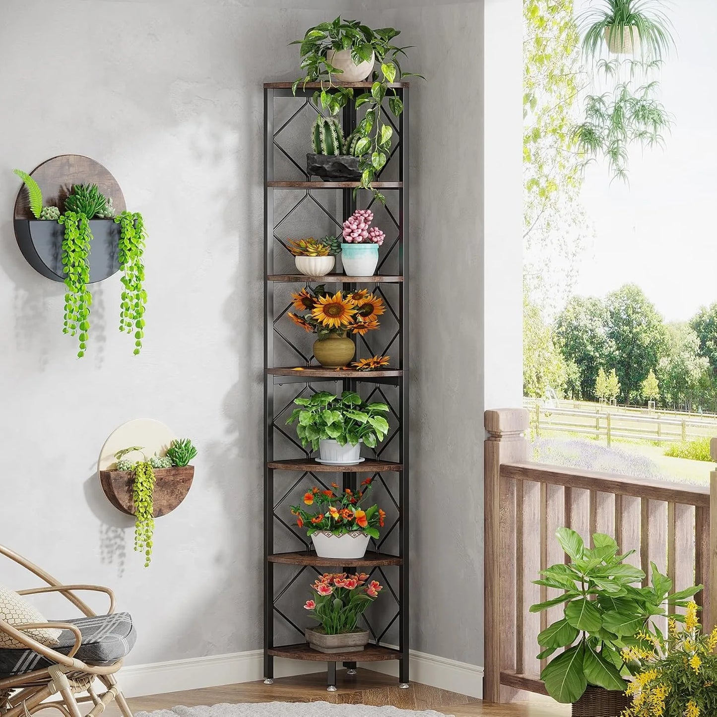 Little Tree 7-Tier Industrial Slim Corner Shelf Living Room Wood Storage Rack